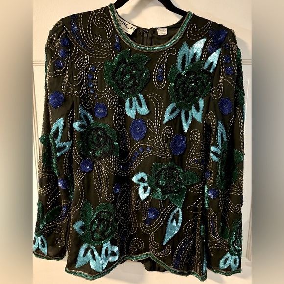 Scala Tops - VTG Scala Beaded Silk Blouse Long Sleeve Elegant Party Sparkle Top Blue Purple